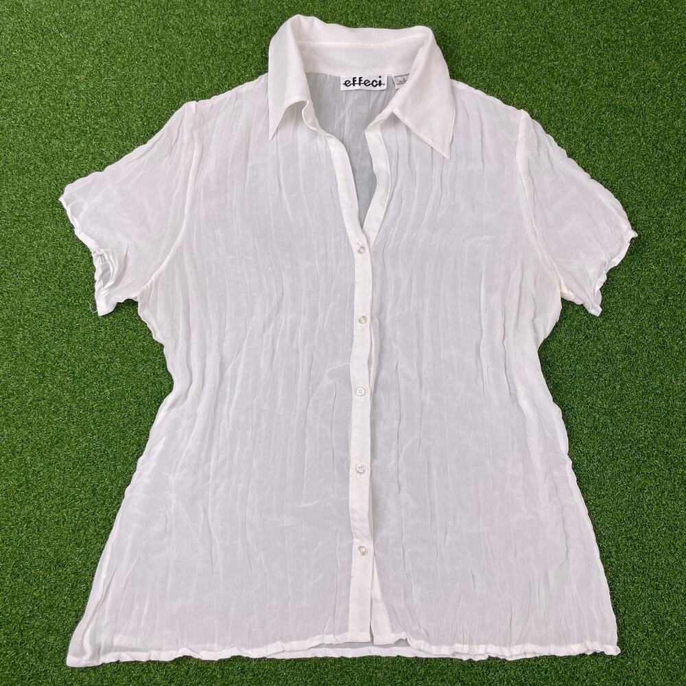 Vintage Effeci White Short Sleeve Sheer Chiffon Button Up Shirt Sz 8